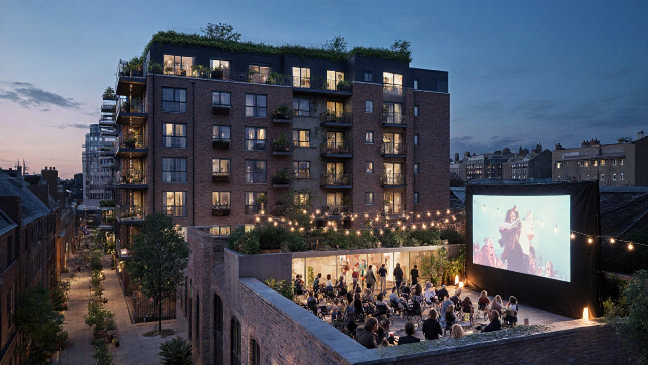 Old office building converted into apartments and community cinema at dusk