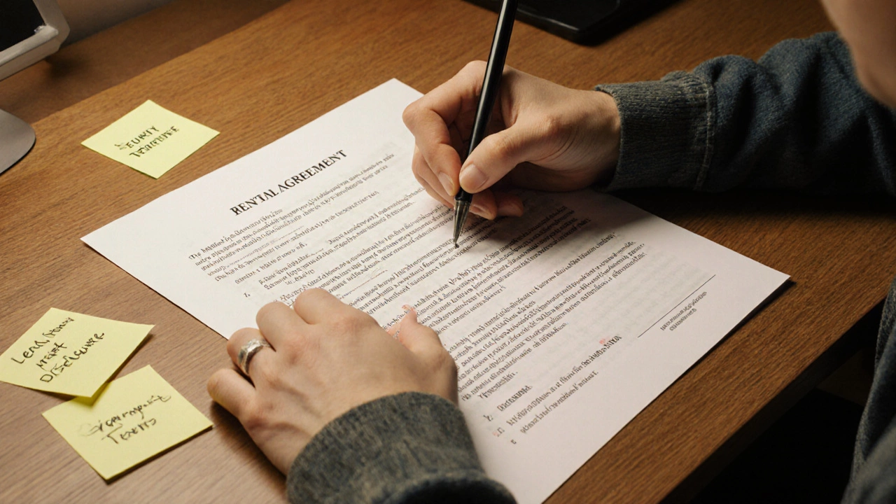 Person writing additional clauses on a printed rental agreement with sticky notes nearby.