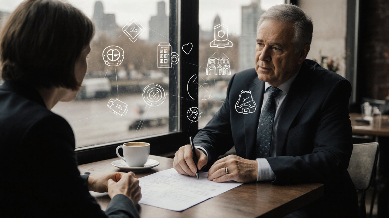 Realtor and investor discussing property underwriting at a London café.