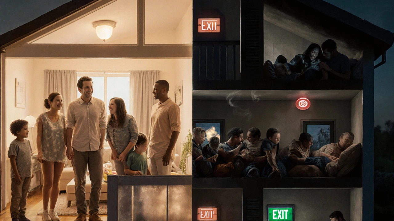 Split image: a family of five in a cozy home vs. six unrelated adults in an overcrowded, unsafe version of the same house.