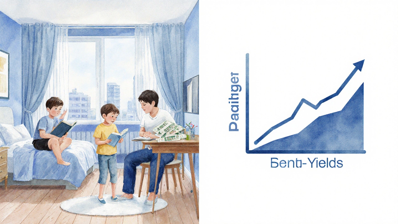 Split-screen illustration of a family living in a T4 apartment and a landlord receiving rental income.