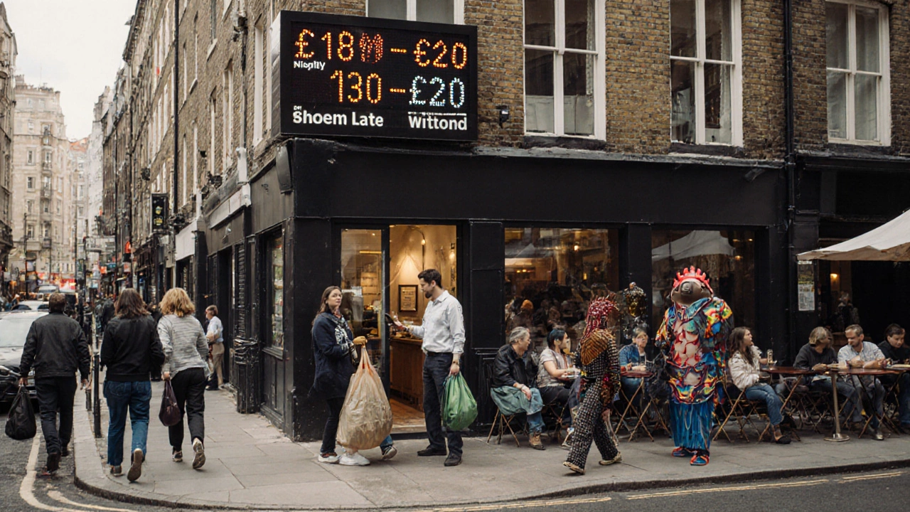 Tourists checking into a city-center flat while a cleaner arrives, with dynamic pricing boards visible.
