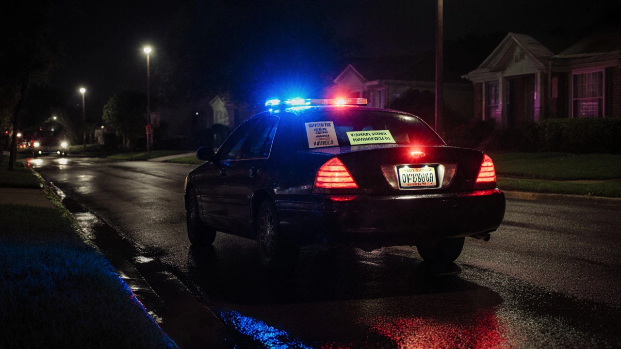 Tow truck seizing a car at night with a tax lien notice on the windshield.