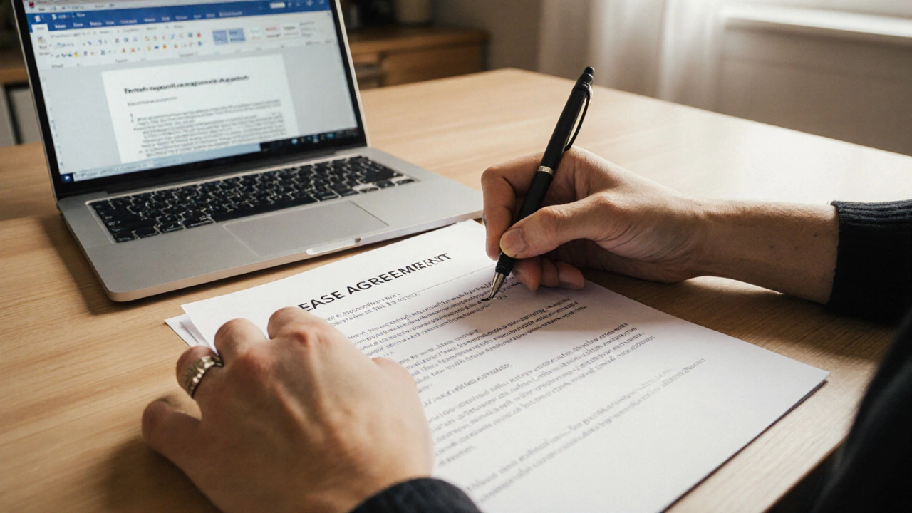 Two hands signing a lease agreement on a kitchen table with laptop visible in background.