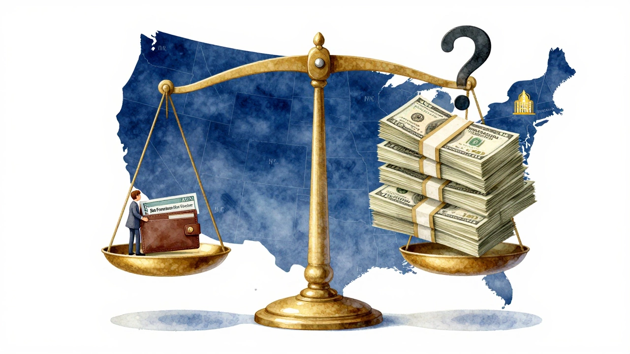 A balance scale compares a ,100 voucher to towering rent bills and luxury apartments over a U.S. map.