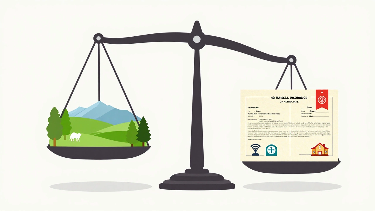 A balance scale comparing land size and taxes in Wyoming against healthcare and internet access in Montana.