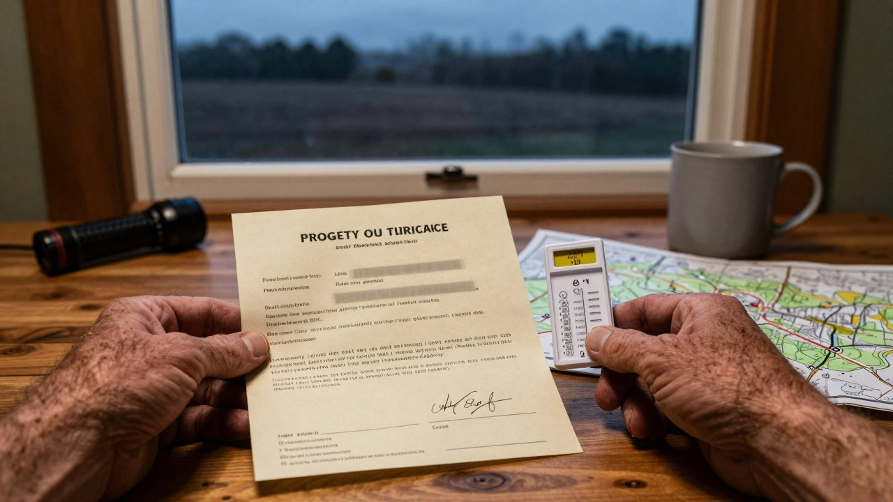 A hand holding a land deed next to soil test tools and a map on a wooden table, with a window showing wilderness.