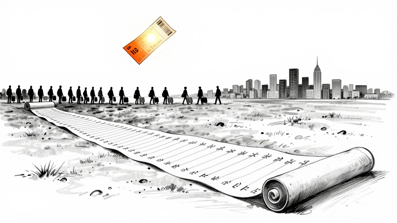 A long waiting list scroll stretches across a landscape, with people reaching for a glowing voucher above a city.