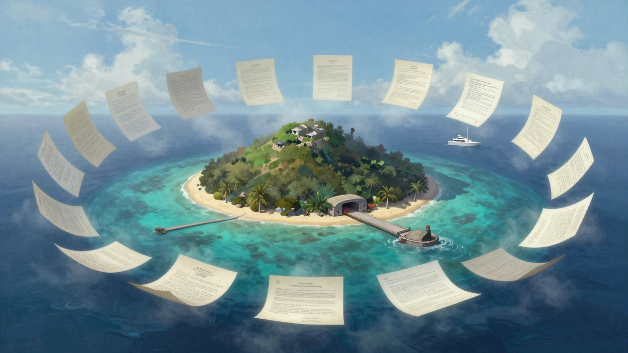 A private island in the Grenadines surrounded by legal documents dissolving into mist.