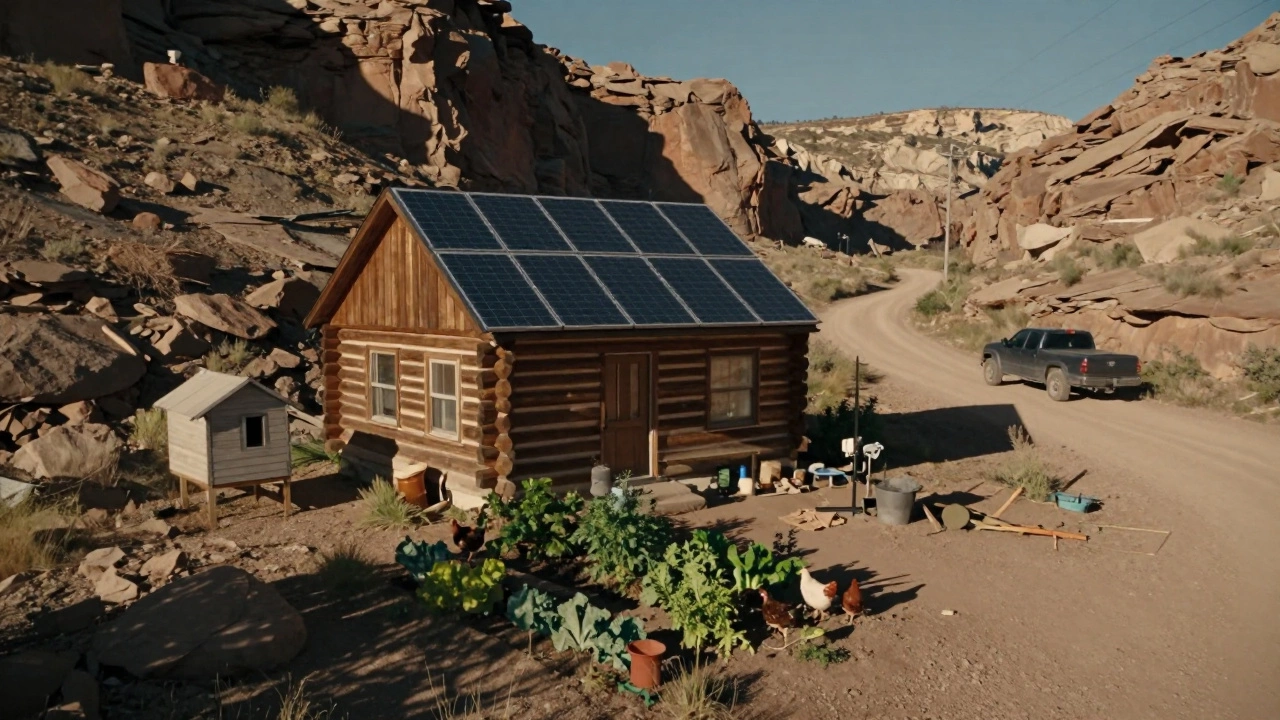 A self-built off-grid cabin with solar panels and garden in remote Utah countryside.