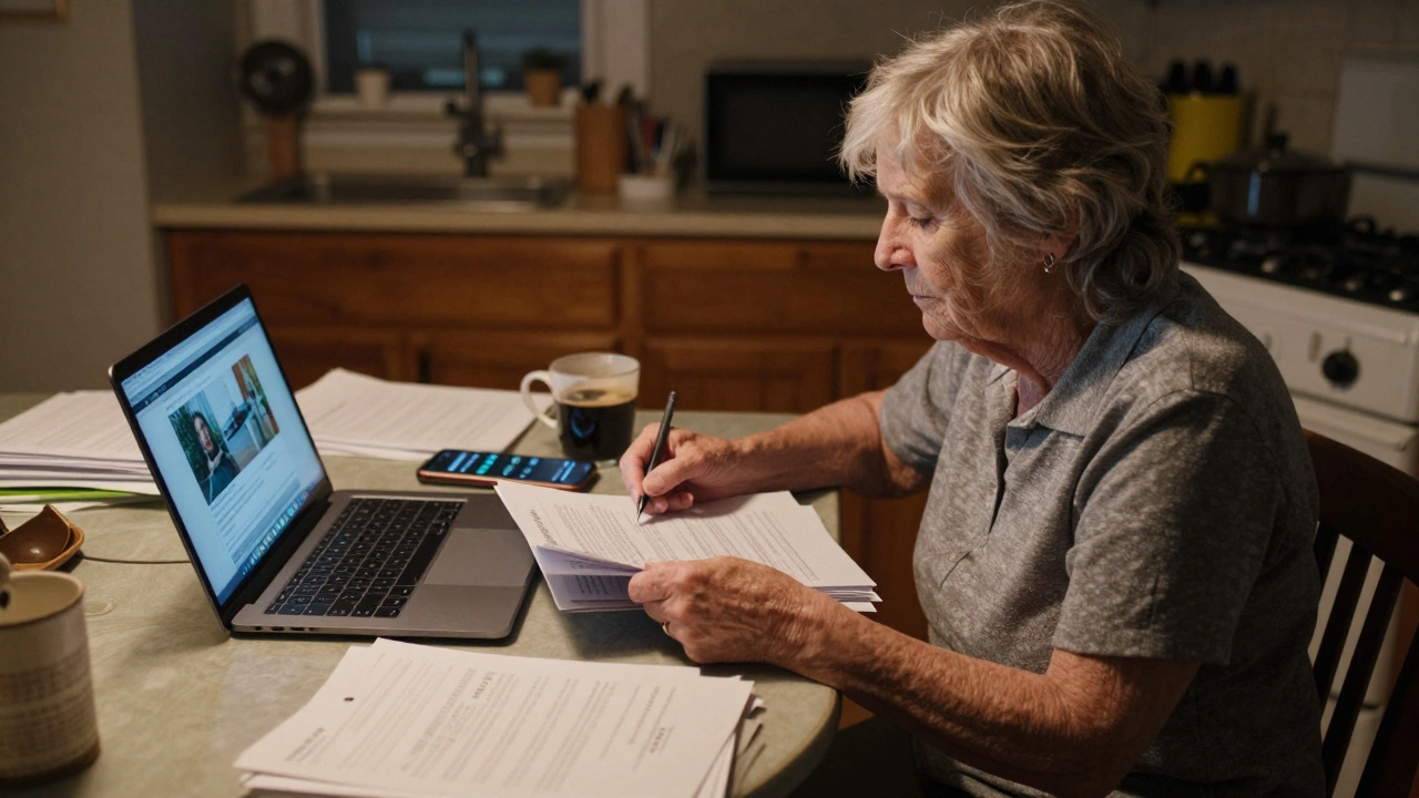 An elderly woman reviewing housing application documents at her kitchen table.