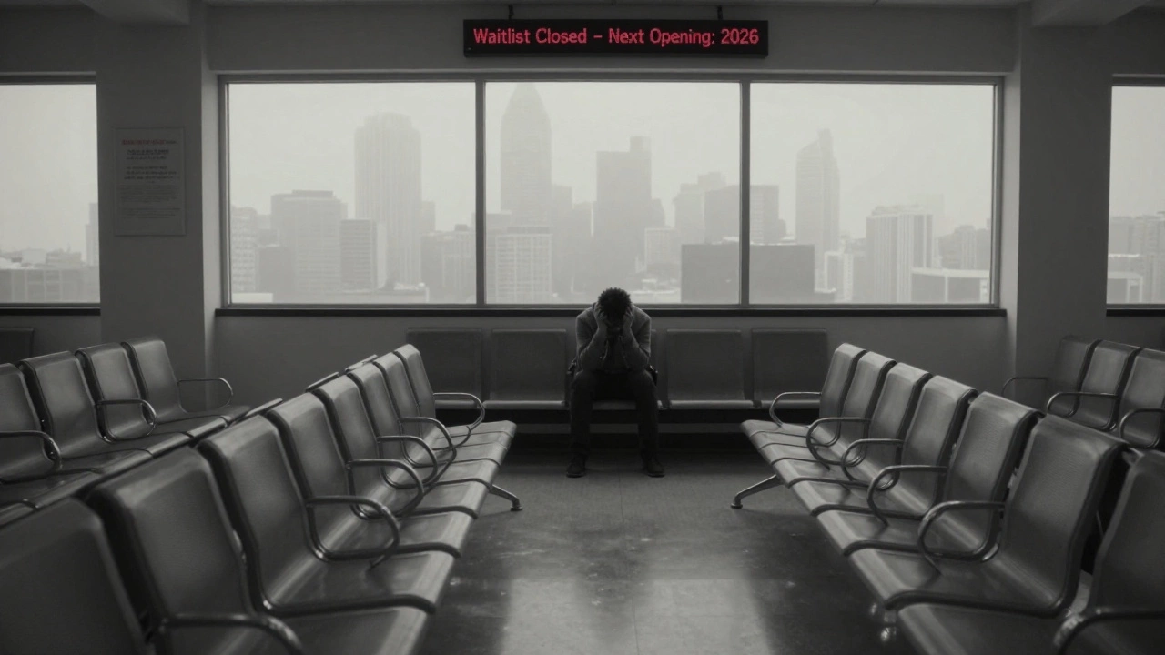 An empty waiting room with a closed waitlist sign, symbolizing long delays for housing aid.