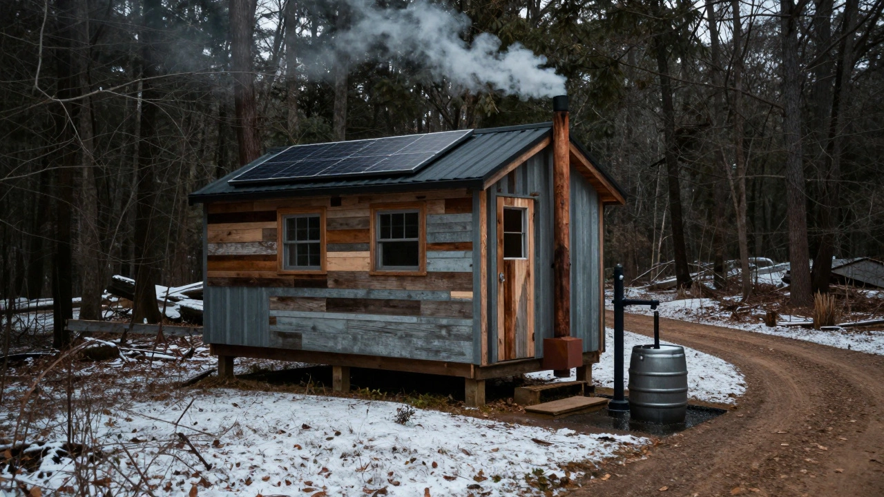 An off-grid tiny home in a snowy Arkansas forest with solar panels, a well pump, and a dirt path.