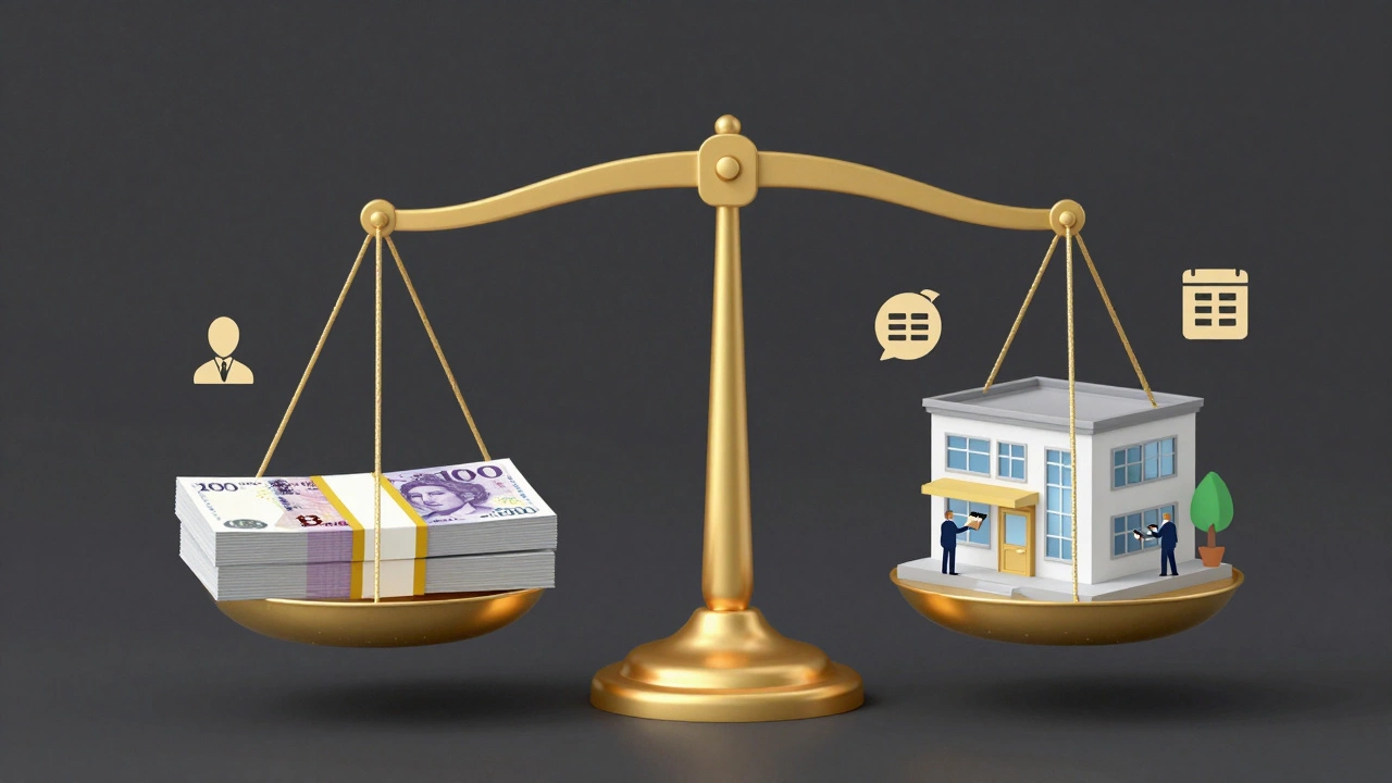 Balanced scale comparing three times annual rent to a commercial building with expense icons.