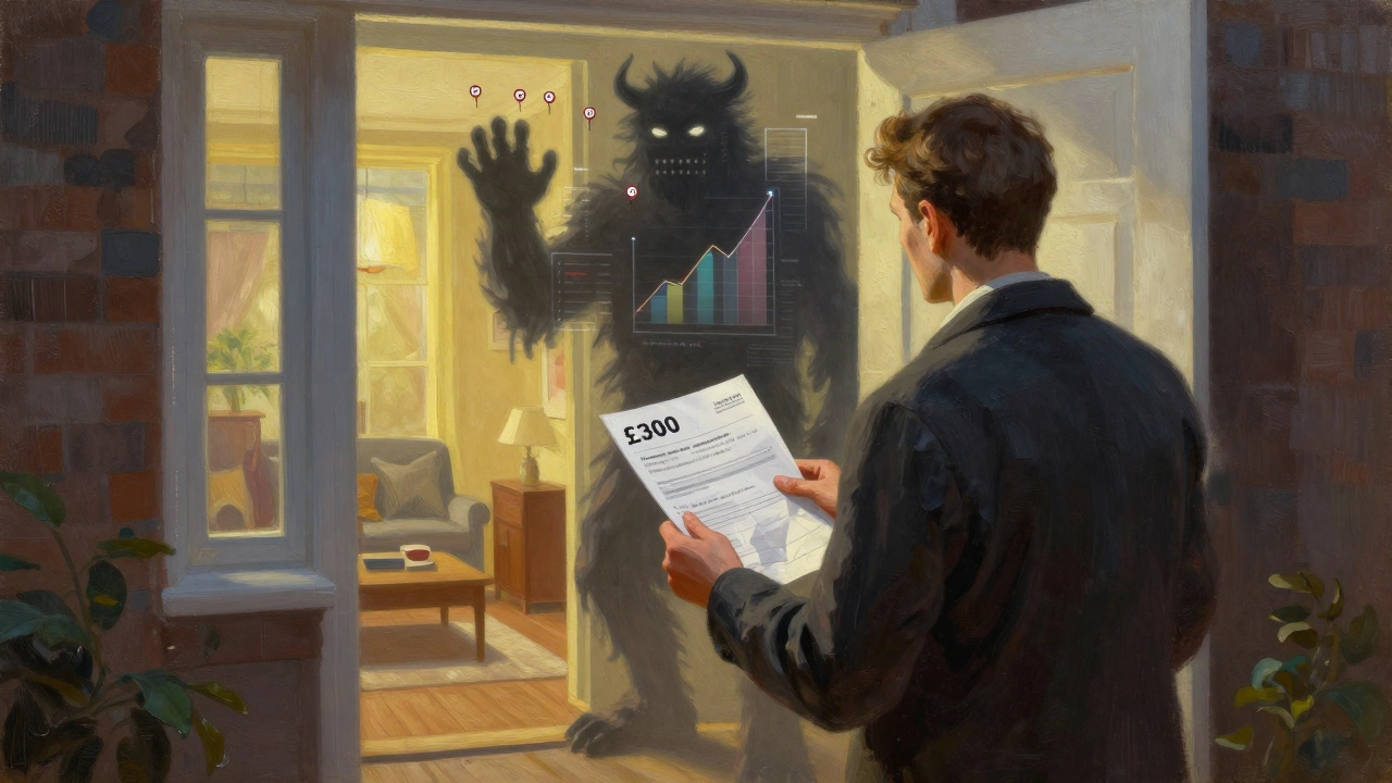 Buyer choosing between a professional report and inaccurate online estimate, algorithmic shadow looming behind.