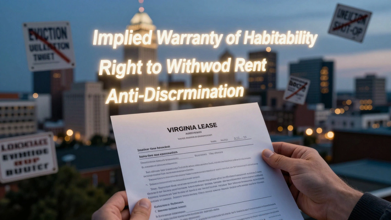 Hand holding a lease with floating legal rights text, shadows of eviction notices fading in city skyline dusk.