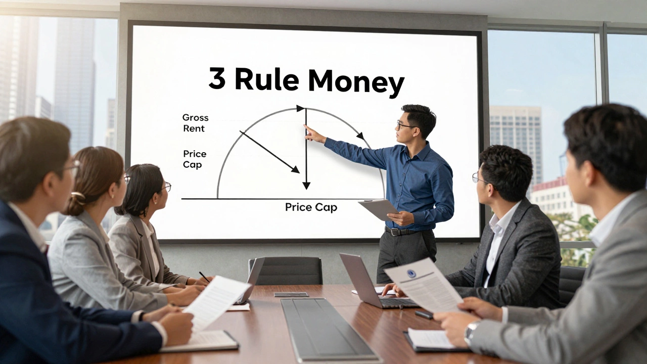 Investors in a boardroom analyzing a chart showing the 3 Rule Money formula for property valuation.