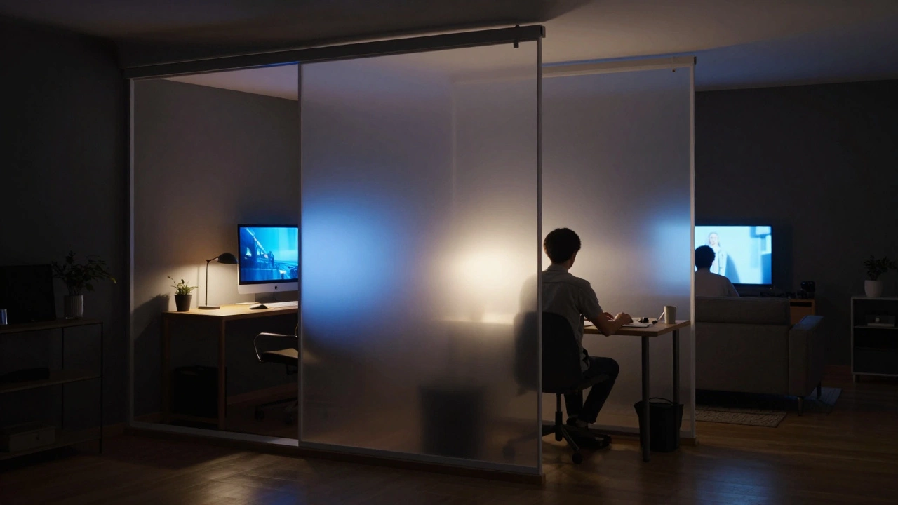 Nighttime view of a glowing sliding partition dividing living and flexi areas in a compact apartment.
