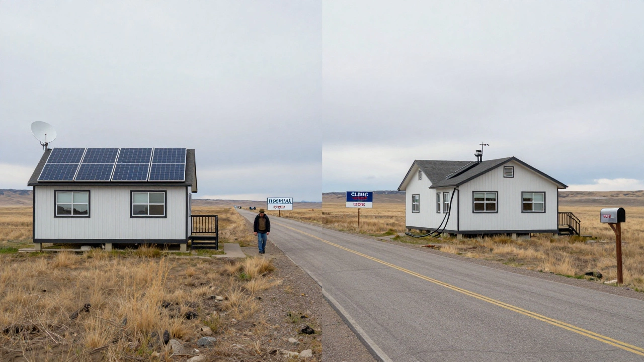 Side-by-side rural homes in Wyoming and Montana showing differences in internet access and proximity to healthcare.