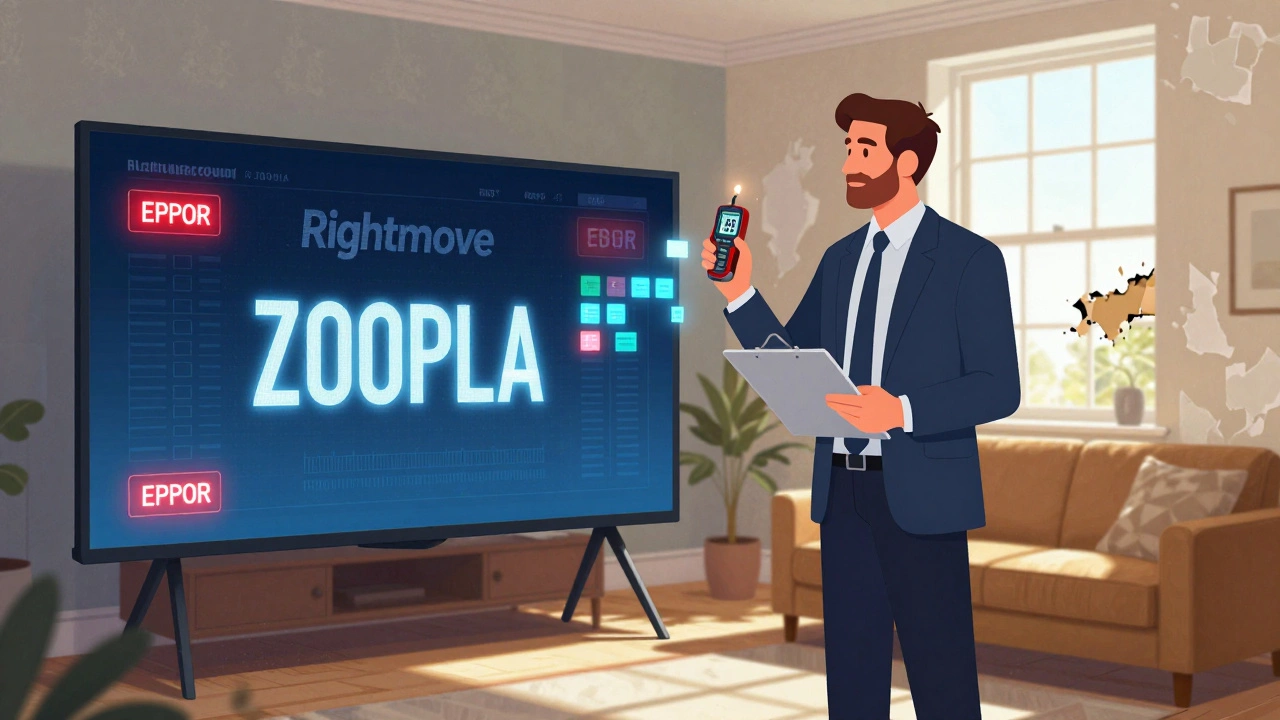 Split image: digital property estimates on one side, estate agent inspecting a home with moisture meter on the other.