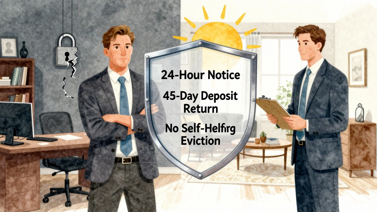 Tenant and landlord face off with legal rights symbolized as a shield between them in artistic watercolor style.