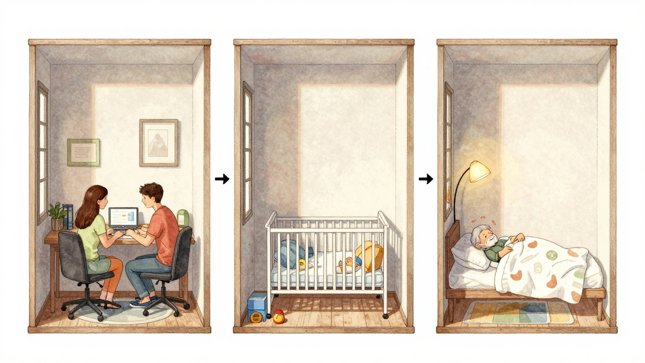 Three-panel illustration showing a flexi room transforming from office to nursery to senior bedroom.