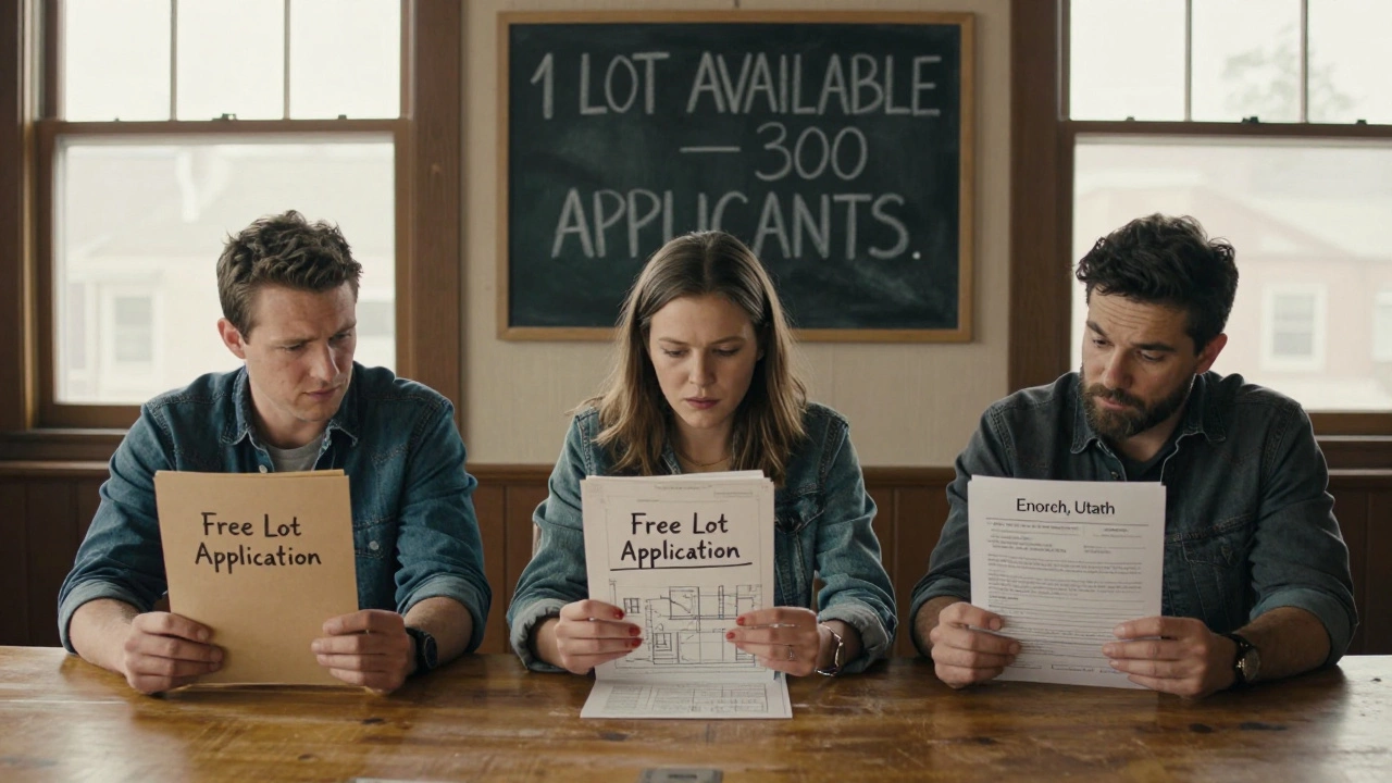 Three people applying for a free land lot at a small Utah town council meeting.