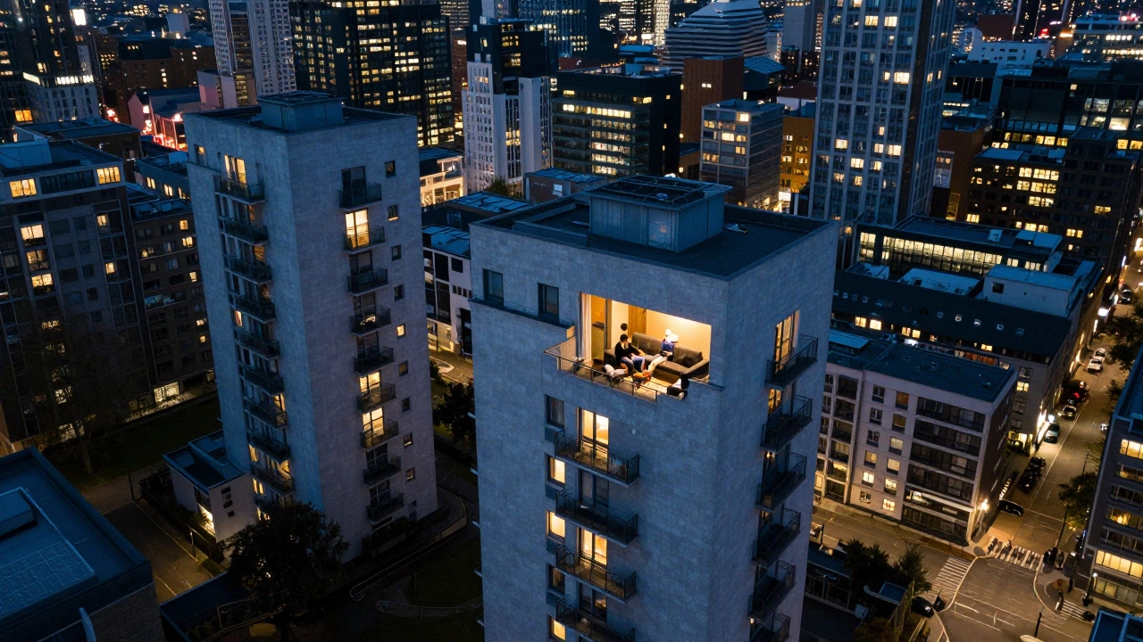 Aerial view of London high-rises with one illuminated small apartment, showing urban living in tight spaces.