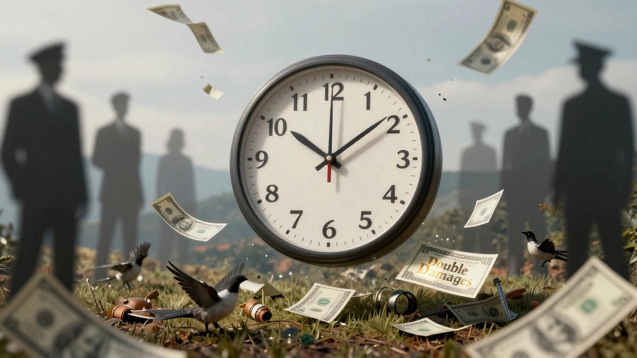Broken clock at 46 days with money rising, symbolizing double damages for late deposit return.