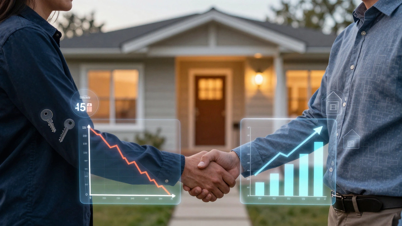 Buyer and seller shaking hands over a tablet showing market data in front of a Michigan home.