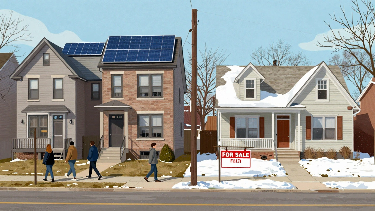 Contrasting Ann Arbor and Flint neighborhoods showing modern homes versus corrected prices.