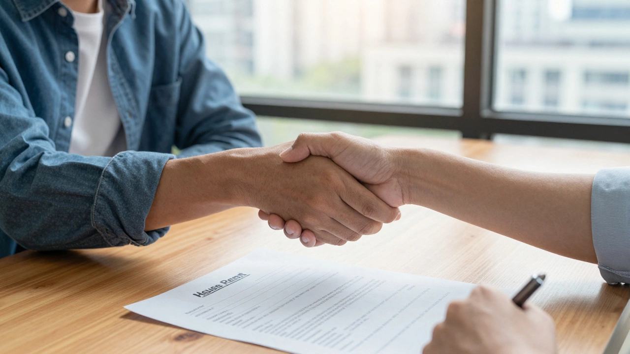 Landlord and tenant shaking hands over a signed rental agreement on a desk.