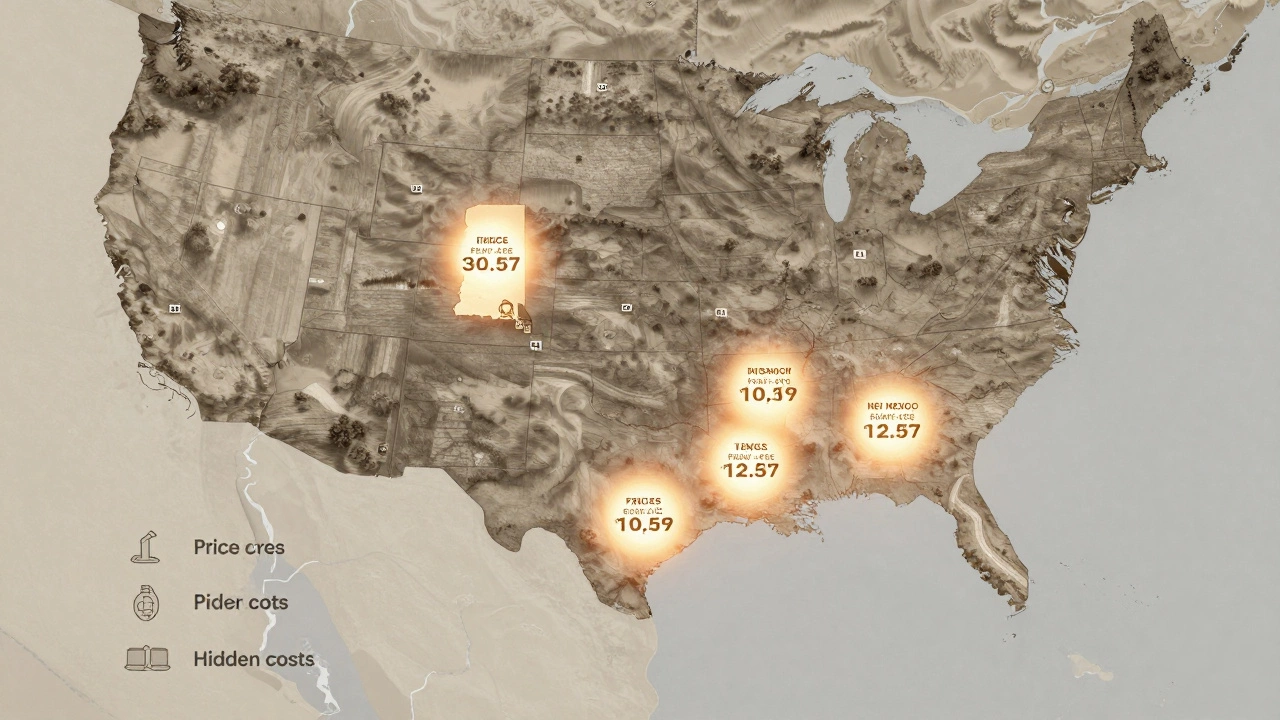 Map of U.S. showing cheap land regions with icons representing hidden costs like wells and roads.
