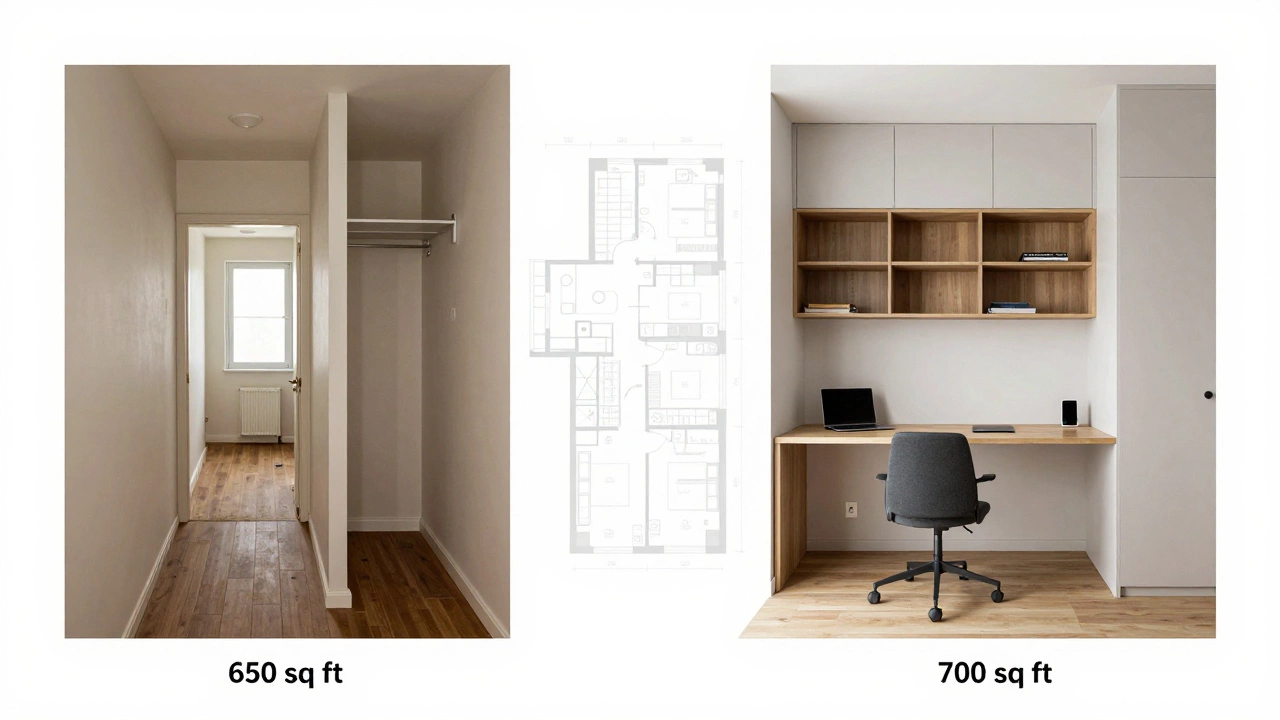 Side-by-side comparison of an outdated 1970s 2-bedroom flat and a smartly designed modern 2-bedroom unit.