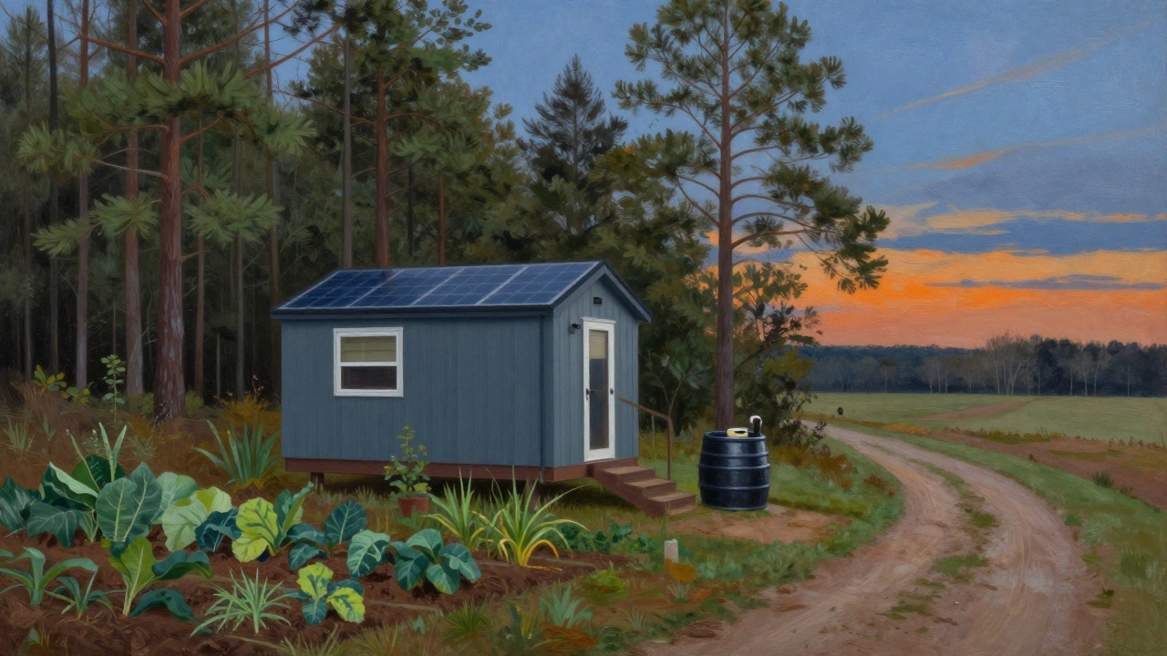 Solar-powered tiny home in Arkansas surrounded by trees and a garden, set in peaceful twilight.