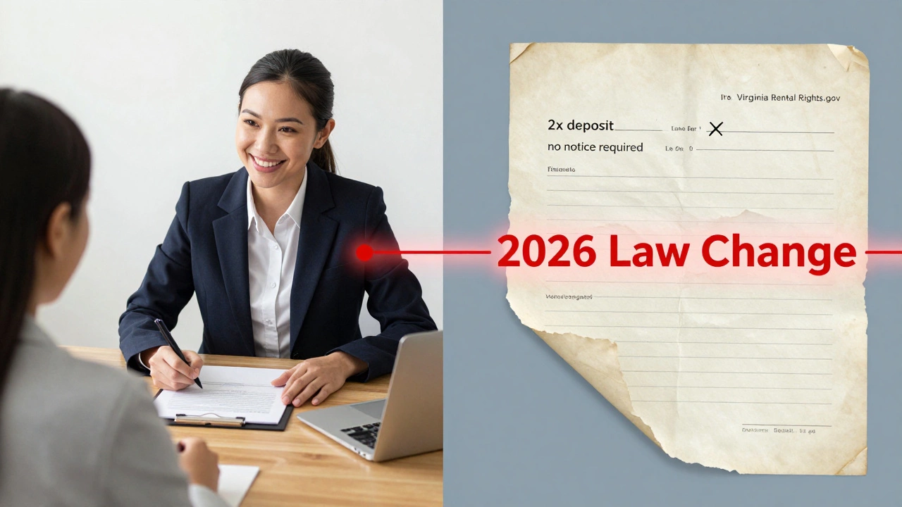 Split image: landlord and tenant signing fair lease vs. old illegal lease with crossed-out terms.