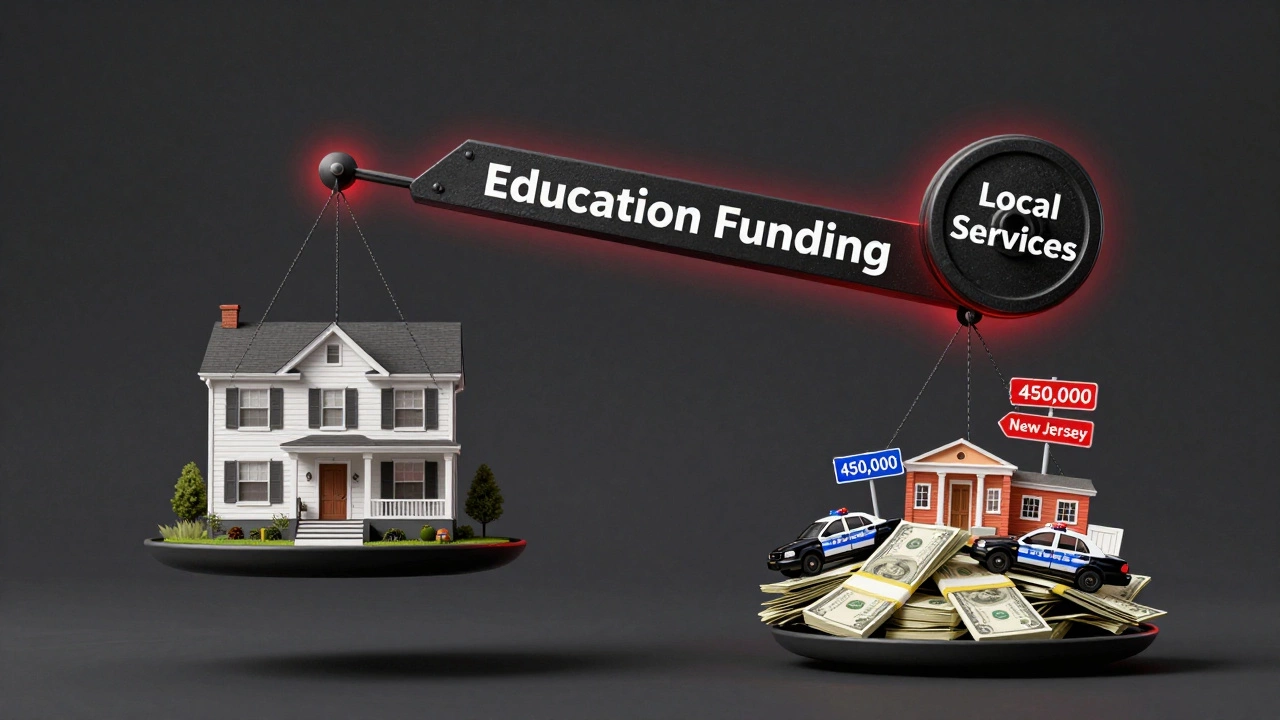 Surreal scale balancing a home against public services funded by property taxes.