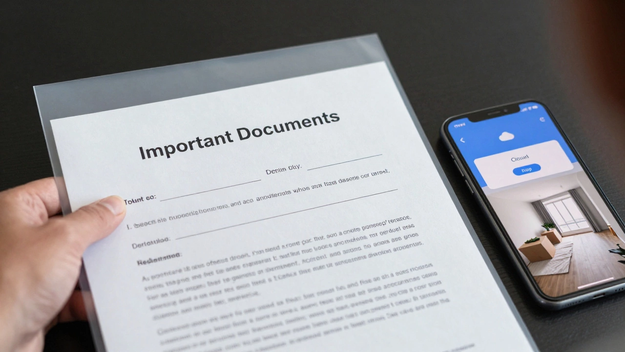 Tenant filing a signed rental agreement with move-in photos and cloud backup visible.