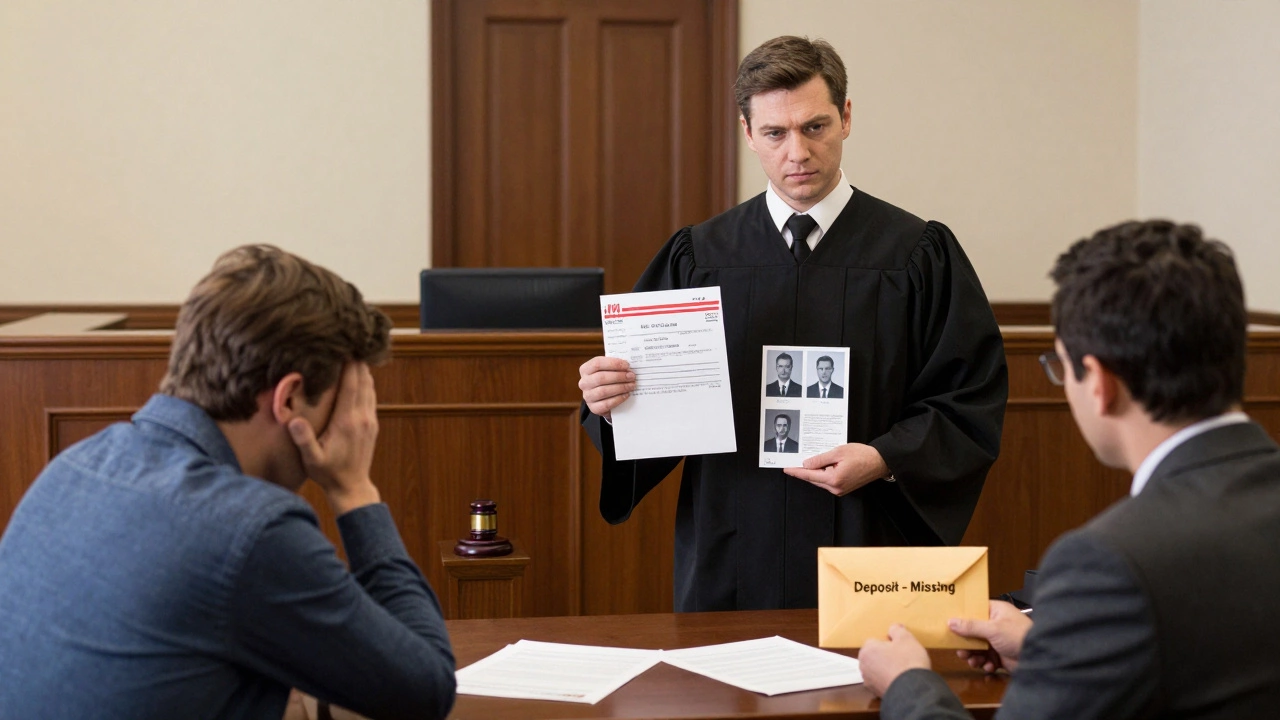 Tenant presenting evidence in Virginia small claims court while landlord looks concerned.