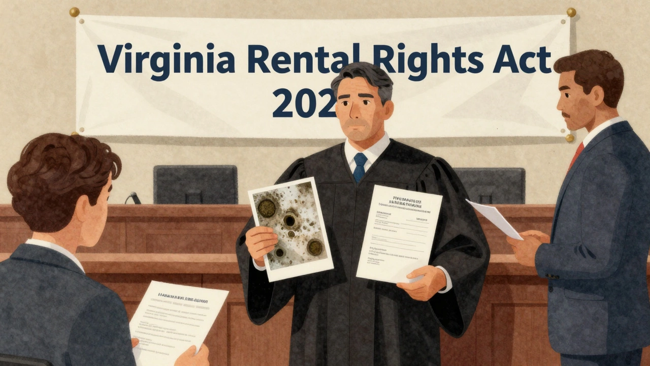 Tenant presenting mold photos in Virginia courtroom as landlord looks anxious.