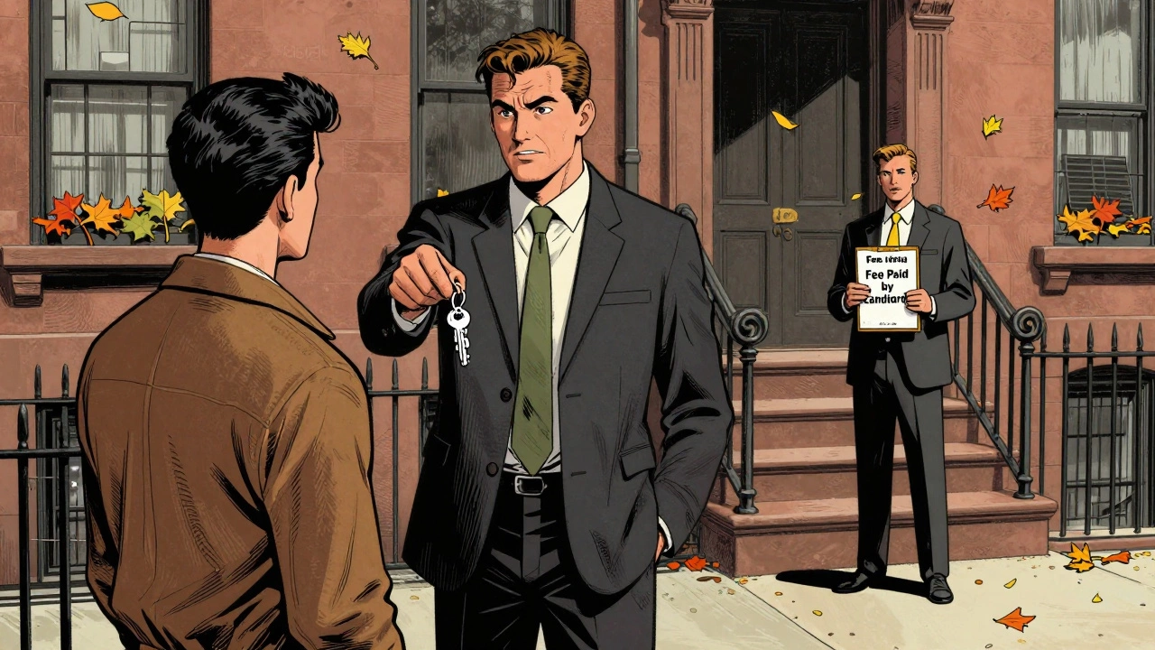 A landlord gives a key to a tenant while a broker stands with a 'Landlord Pays Fee' sign.