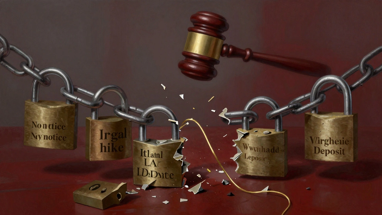 Broken chain symbolizing violated landlord laws, with Virginia Law as the only intact thread.