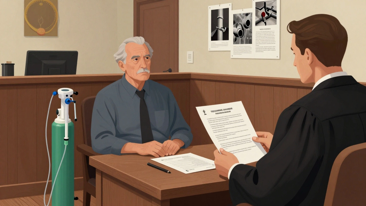 Courtroom scene with a judge hearing a case about illegal utility shutoff targeting a senior tenant.