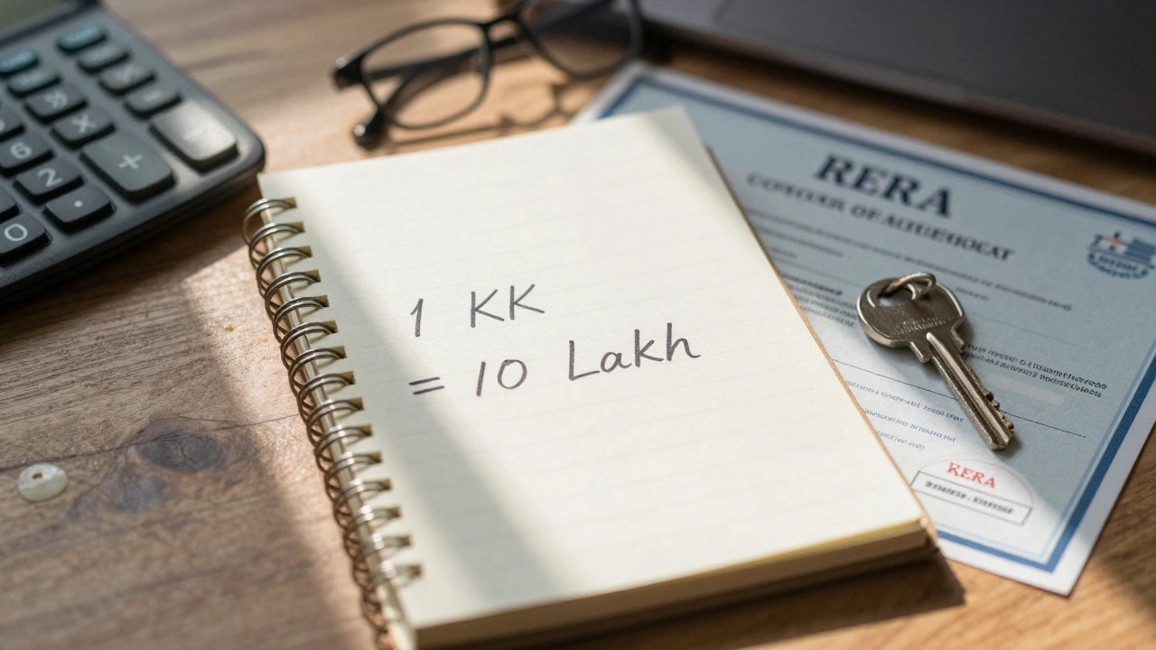 Handwritten note explaining 1 KK equals 10 lakh, with calculator and key on a wooden desk.