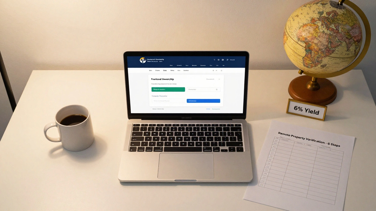 Minimalist workspace with laptop showing fractional ownership platform, Wise transfer, and property verification checklist.