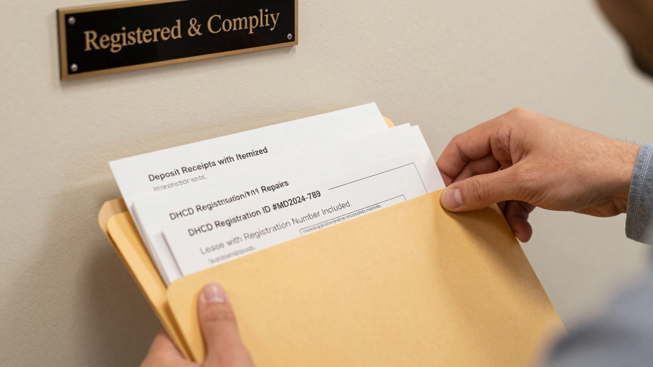 Organized landlord files showing deposit receipts, registration ID, and updated lease terms