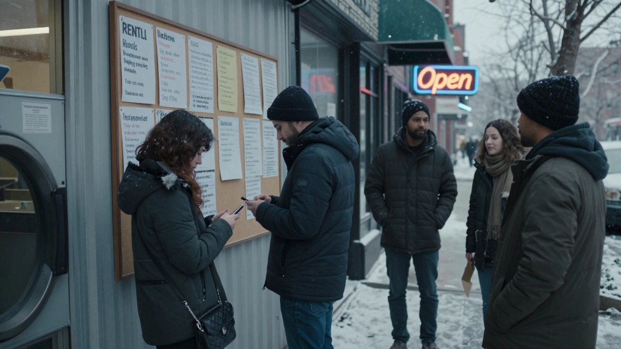 People checking handwritten rental notices on a community board in winter Brooklyn.