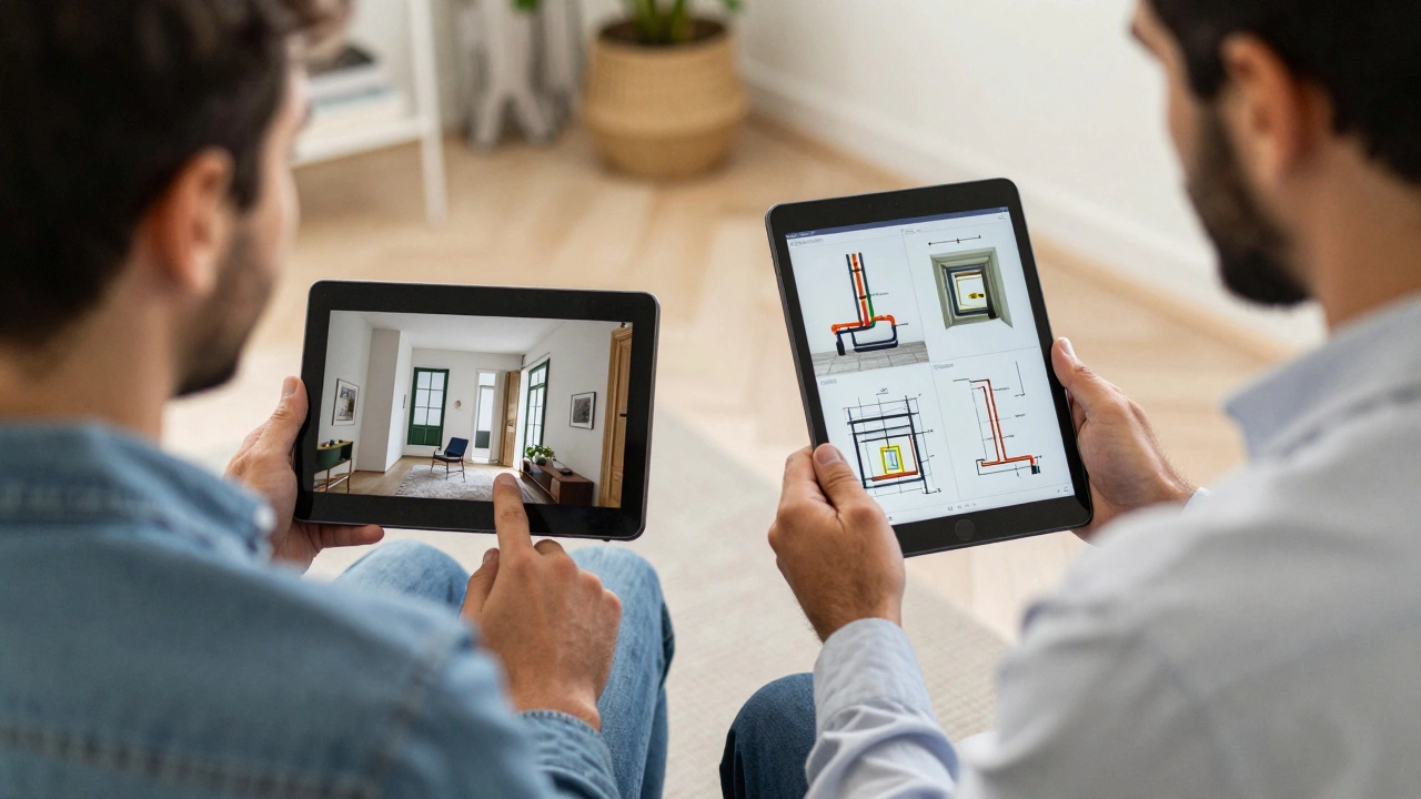 Person in Berlin reviewing a property video inspection on a tablet while a local inspector in Portugal shows structural details.