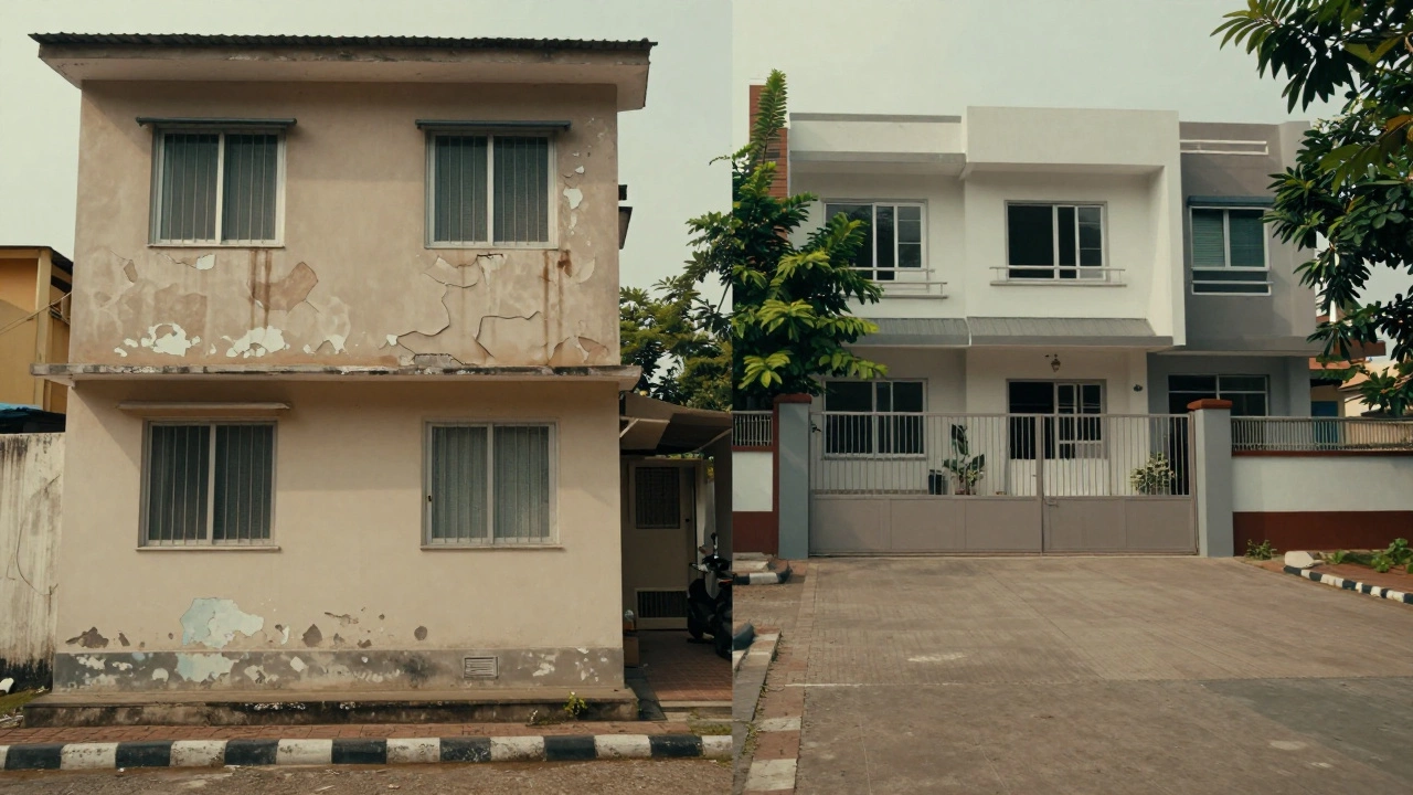 Side-by-side comparison of a small Mumbai apartment and a spacious Coimbatore 2BHK unit.