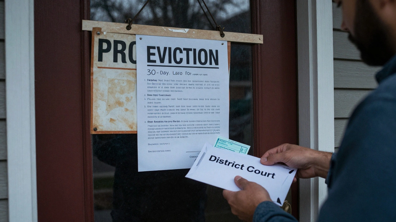 Tenant placing rent into court escrow envelope while eviction notice is posted on door